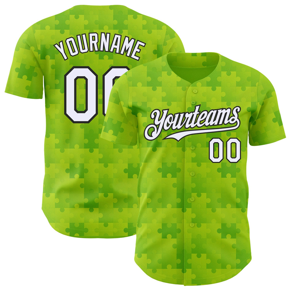 Custom Neon Green White-Black Puzzle 3D Pattern Design Authentic Baseball Jersey