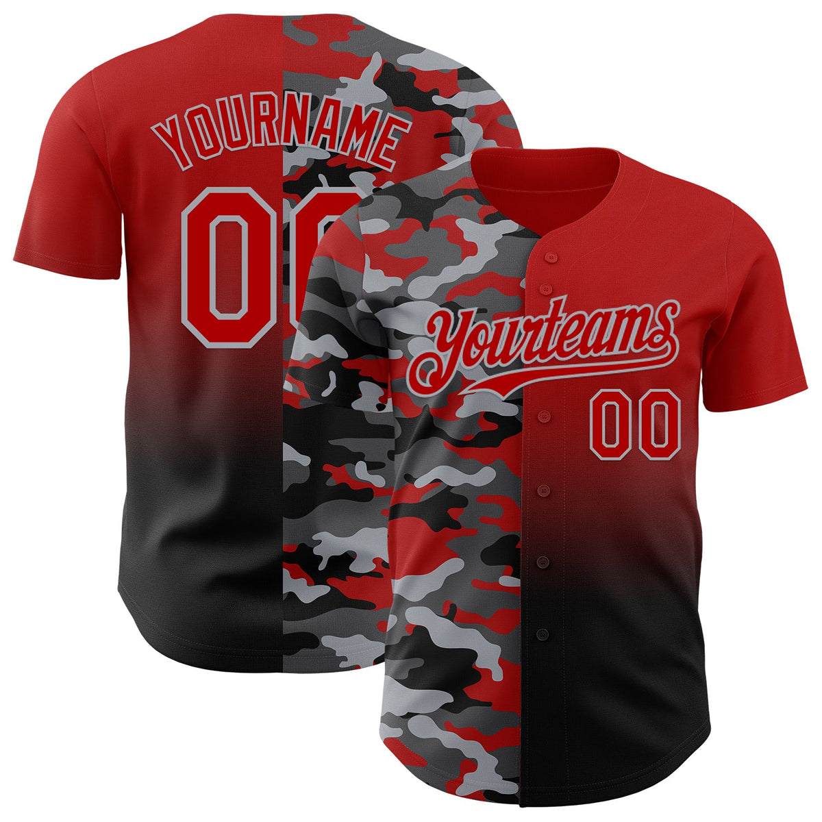 Custom Red Black-Gray Half Camo Ombre Authentic Baseball Jersey