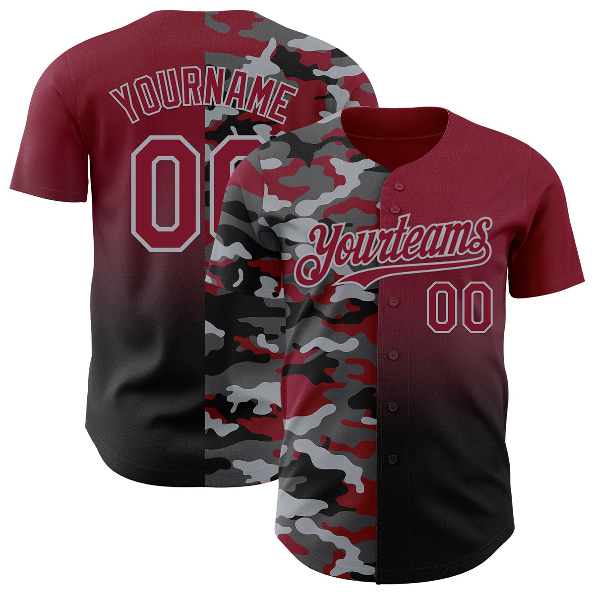 Custom Crimson Black-Gray Half Camo Ombre Authentic Baseball Jersey