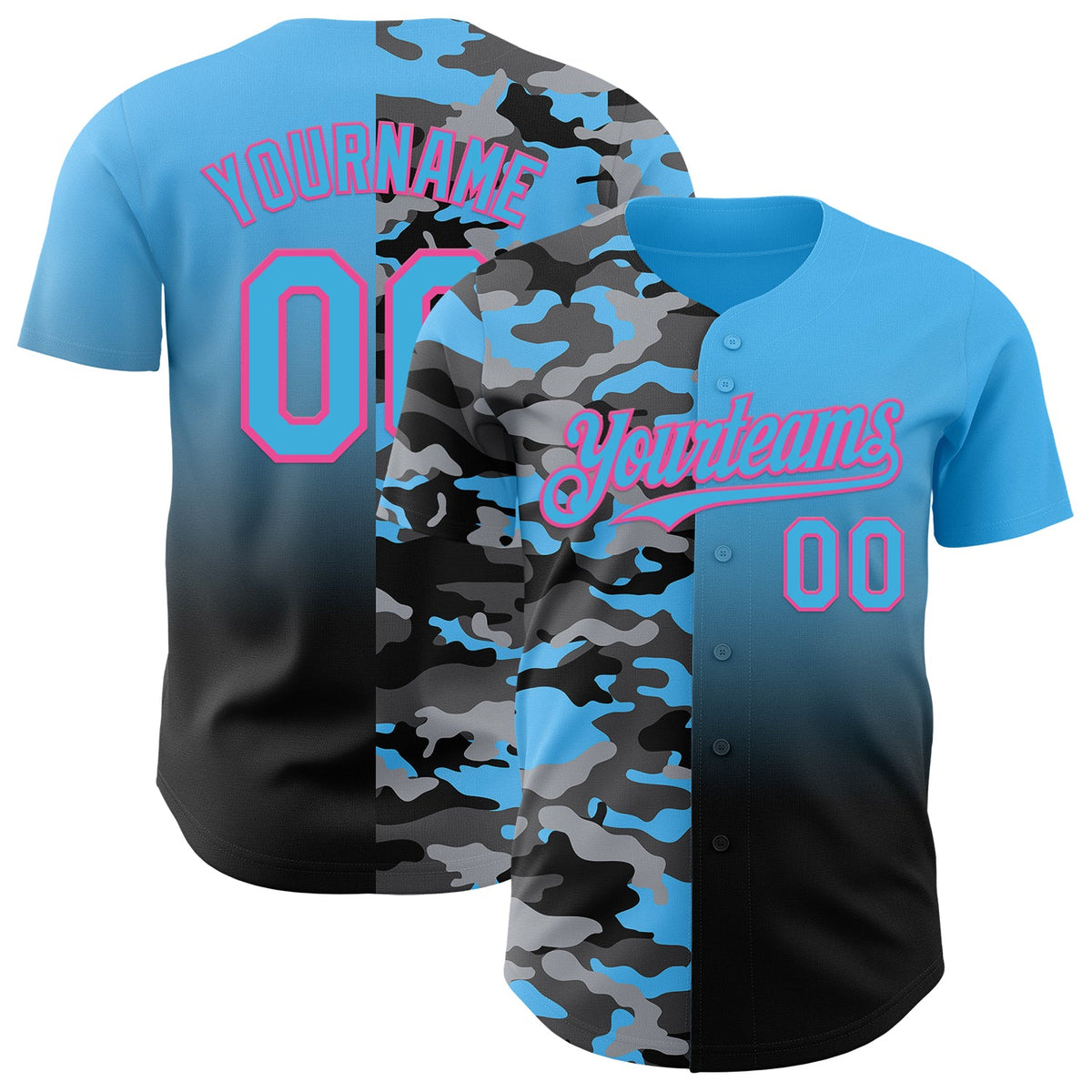 Custom Sky Blue Black-Pink Half Camo Ombre Authentic Baseball Jersey