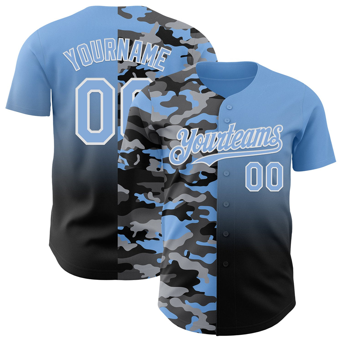 Custom Light Blue Black-White Half Camo Ombre Authentic Baseball Jersey
