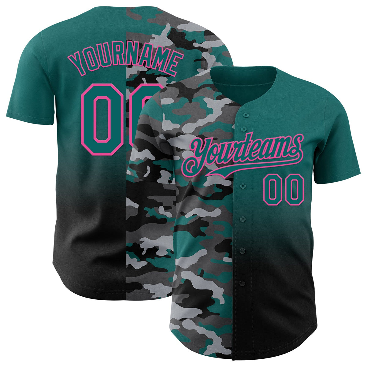 Custom Teal Black-Pink Half Camo Ombre Authentic Baseball Jersey