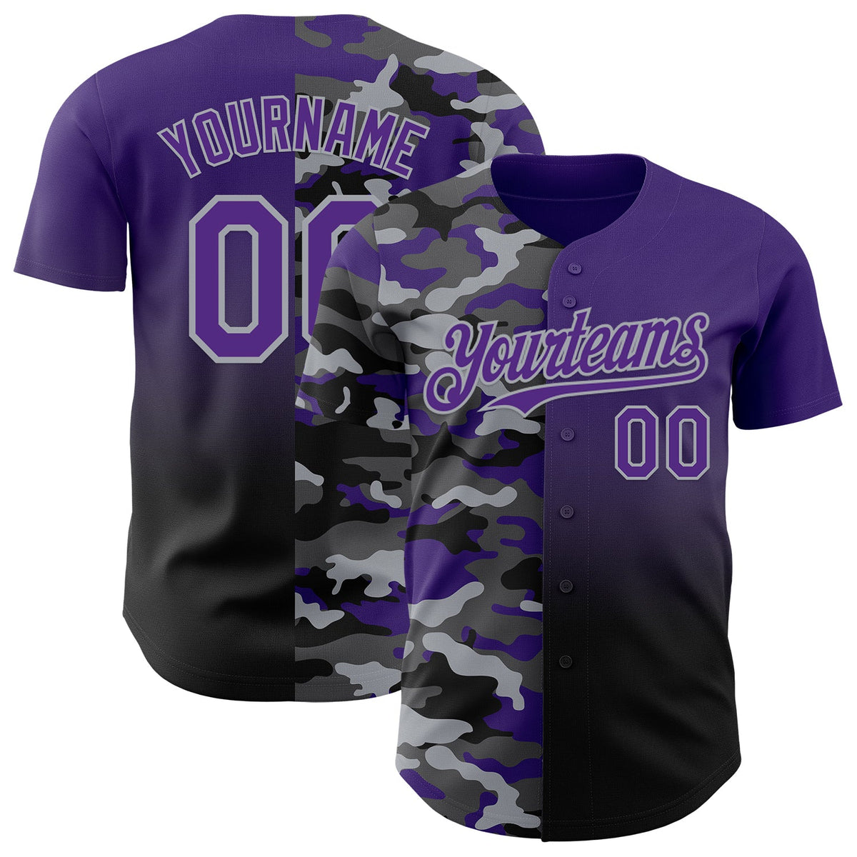 Custom Purple Black-Gray Half Camo Ombre Authentic Baseball Jersey