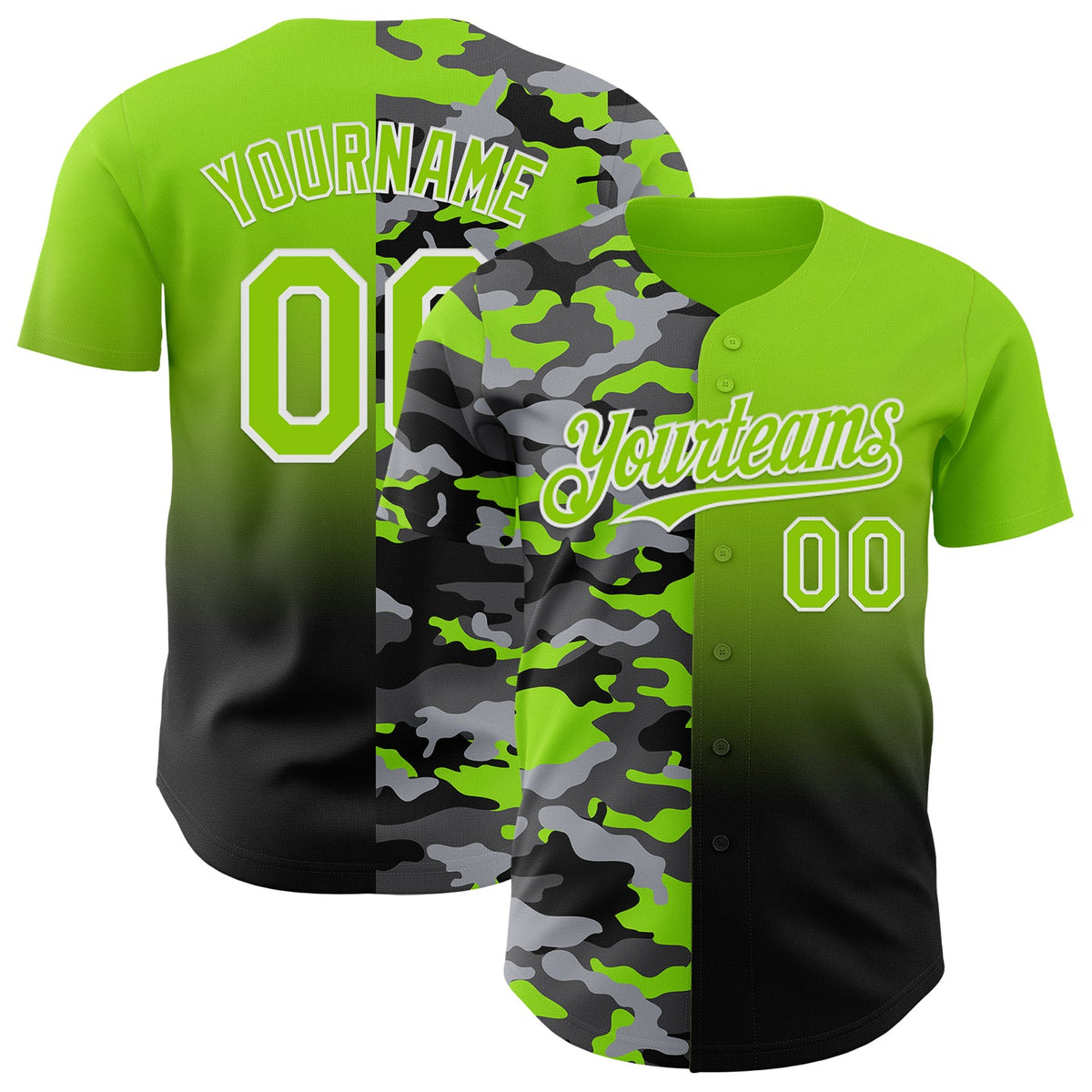 Custom Neon Green Black-White Half Camo Ombre Authentic Baseball Jersey