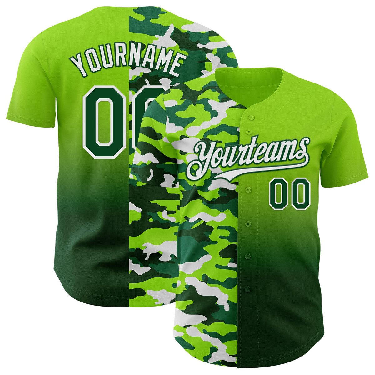 Custom Neon Green Green-White Half Camo Ombre Authentic Baseball Jersey