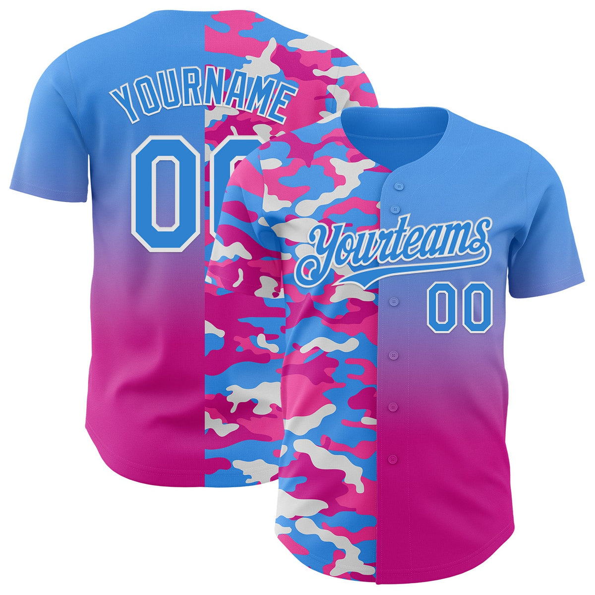 Custom Electric Blue Deep Pink-White Half Camo Ombre Authentic Baseball Jersey