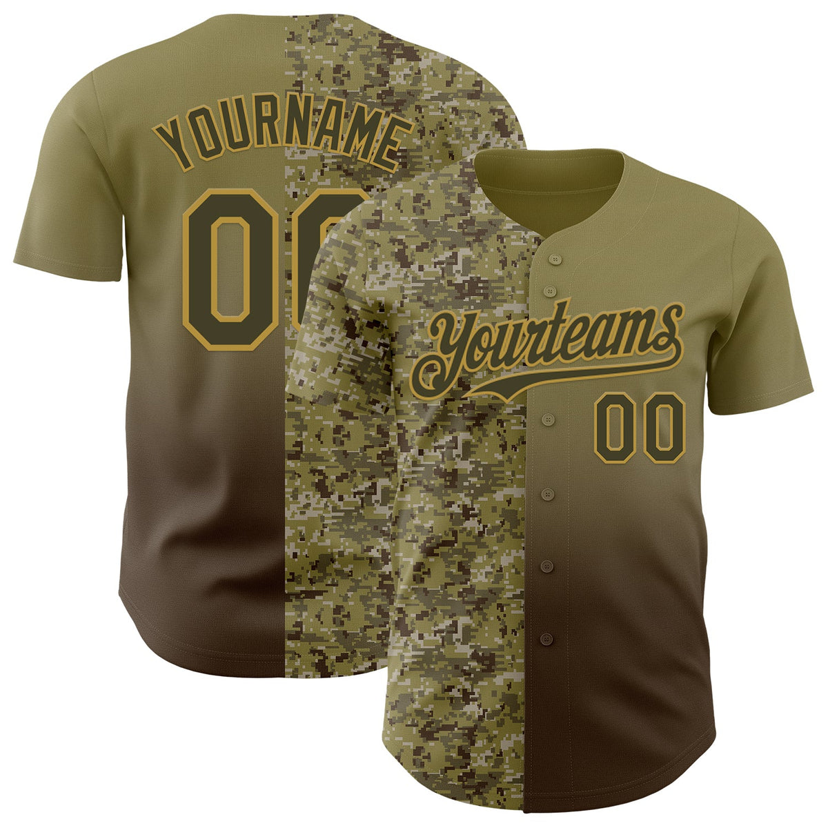 Custom Olive Brown-Old Gold Half Camo Ombre Authentic Baseball Jersey