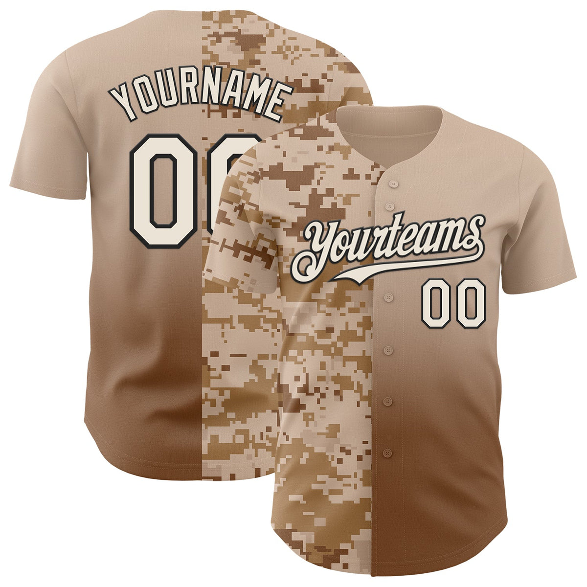 Custom Cream Brown-Black Half Camo Ombre Authentic Baseball Jersey