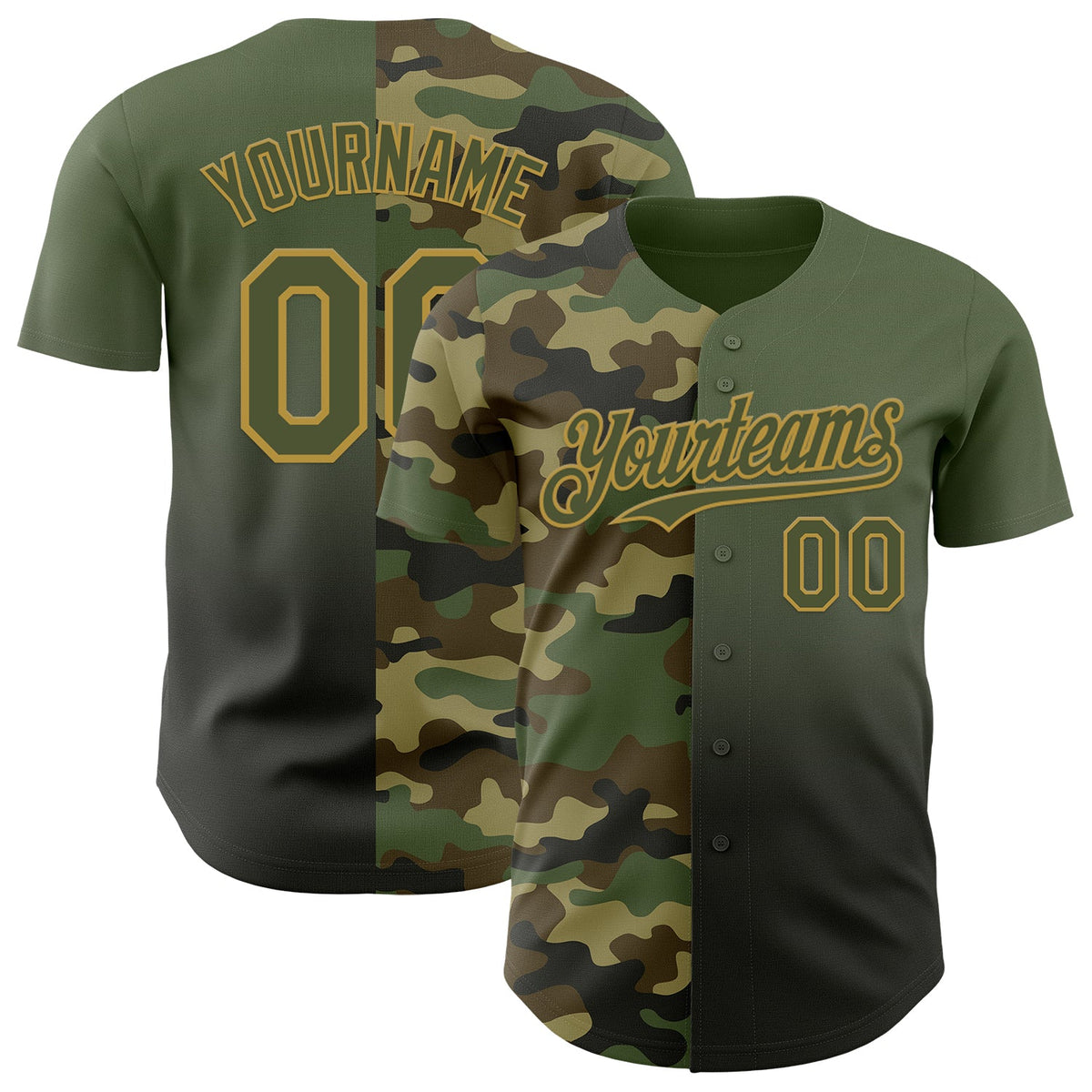 Custom Olive Black-Old Gold Half Camo Ombre Authentic Baseball Jersey