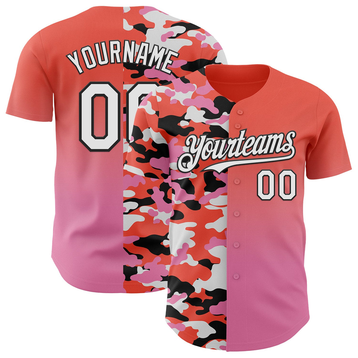 Custom Orange White Pink-Black Half Camo Ombre Authentic Baseball Jersey
