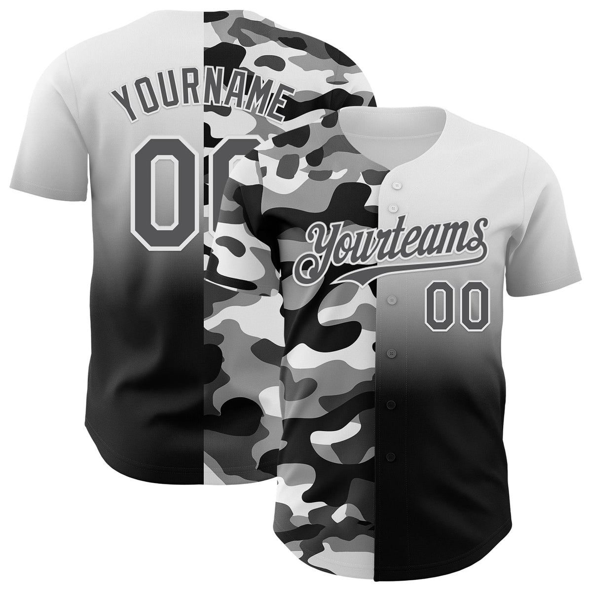 Custom White Steel Gray-Black Half Camo Ombre Authentic Baseball Jersey