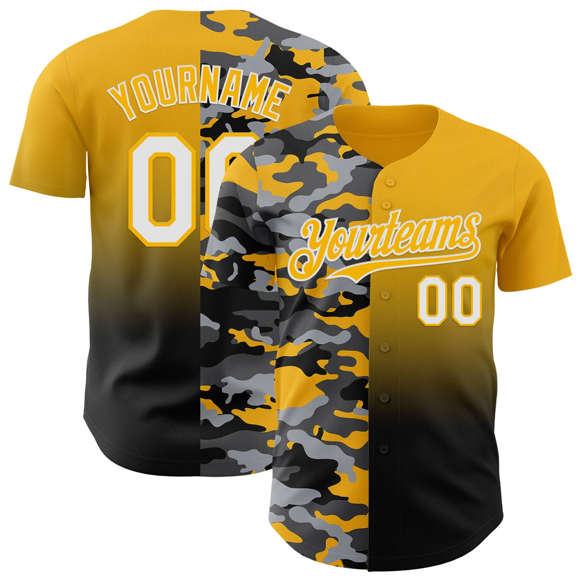 Custom Gold White-Black Half Camo Ombre Authentic Baseball Jersey