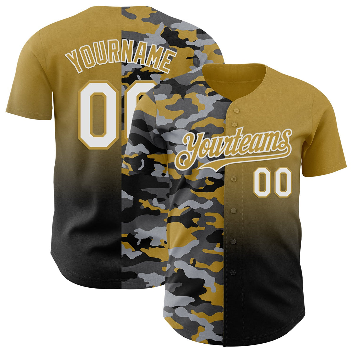 Custom Old Gold White-Black Half Camo Ombre Authentic Baseball Jersey
