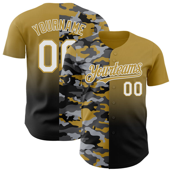 Custom Old Gold White-Black Half Camo Ombre Authentic Baseball Jersey