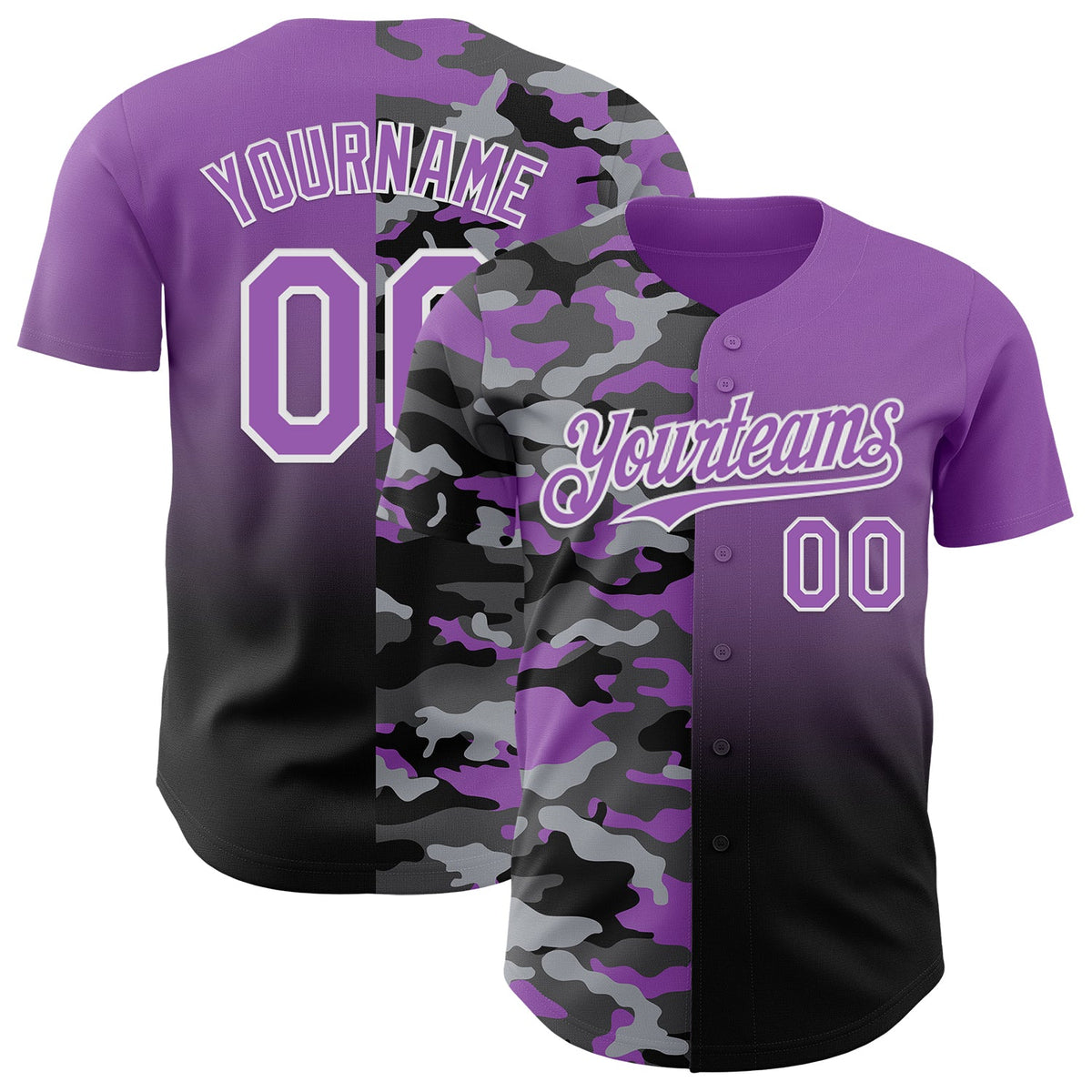 Custom Medium Purple Black-White Half Camo Ombre Authentic Baseball Jersey