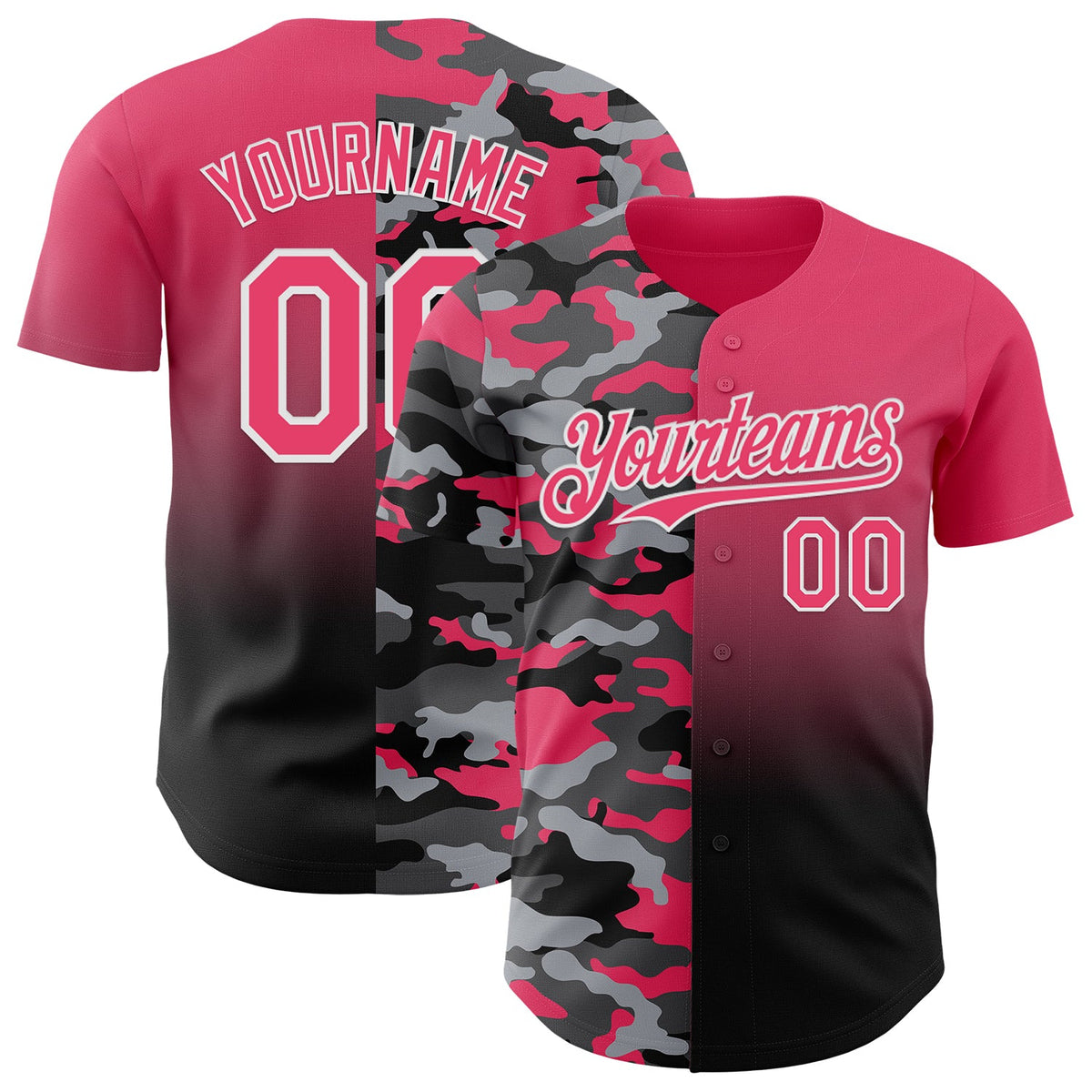Custom Neon Pink Black-White Half Camo Ombre Authentic Baseball Jersey