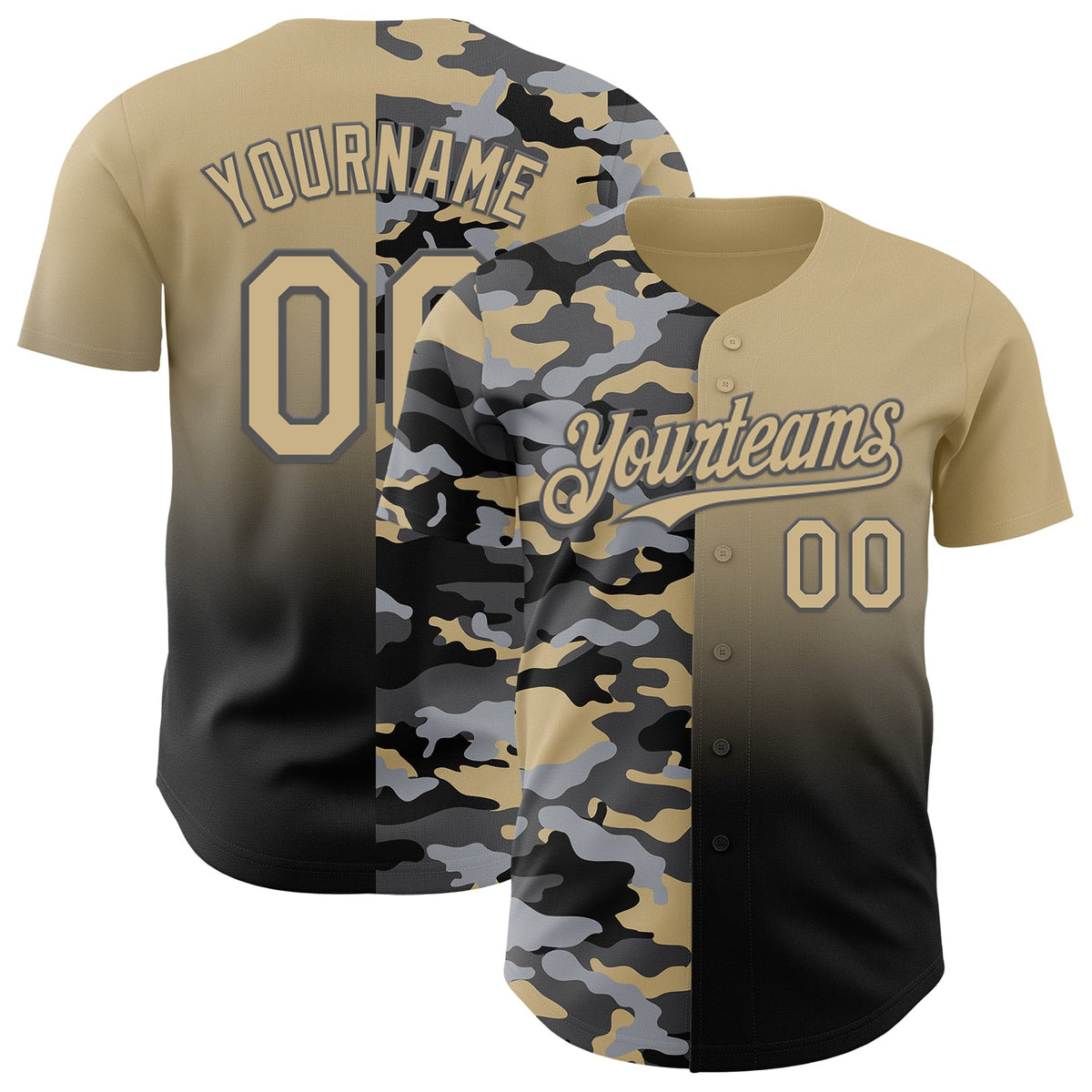 Custom Vegas Gold Black-Steel Gray Half Camo Ombre Authentic Baseball Jersey
