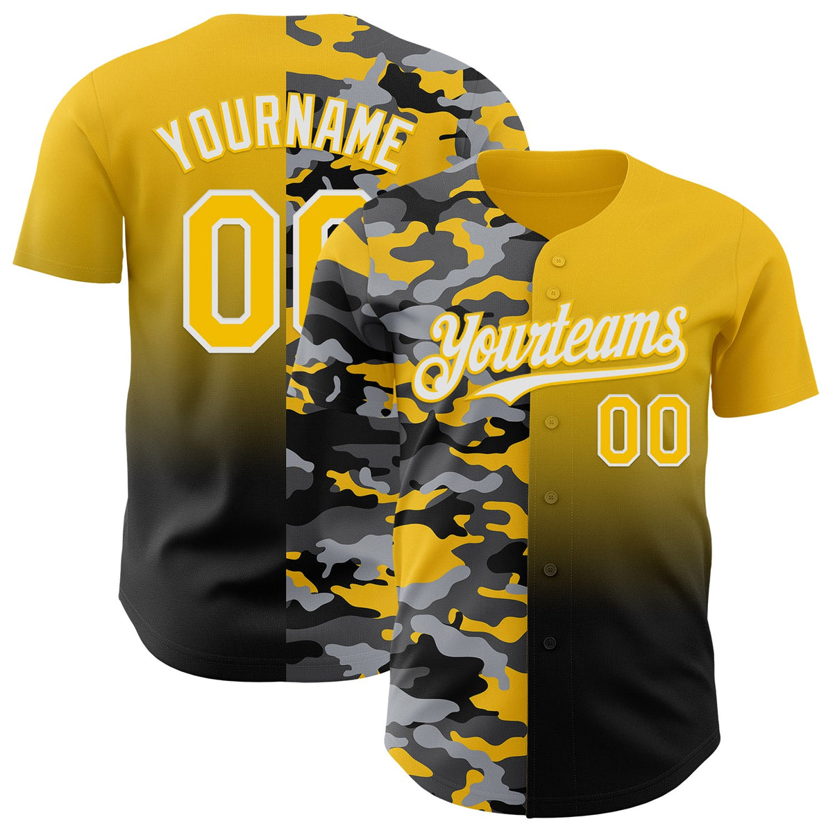 Custom Yellow Black-White Half Camo Ombre Authentic Baseball Jersey