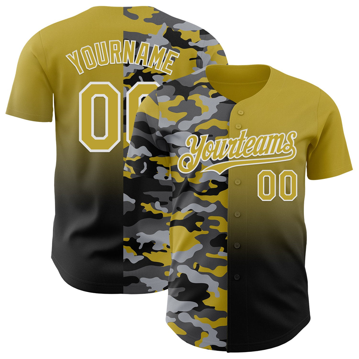 Custom Old Gold Black-White Half Camo Ombre Authentic Baseball Jersey
