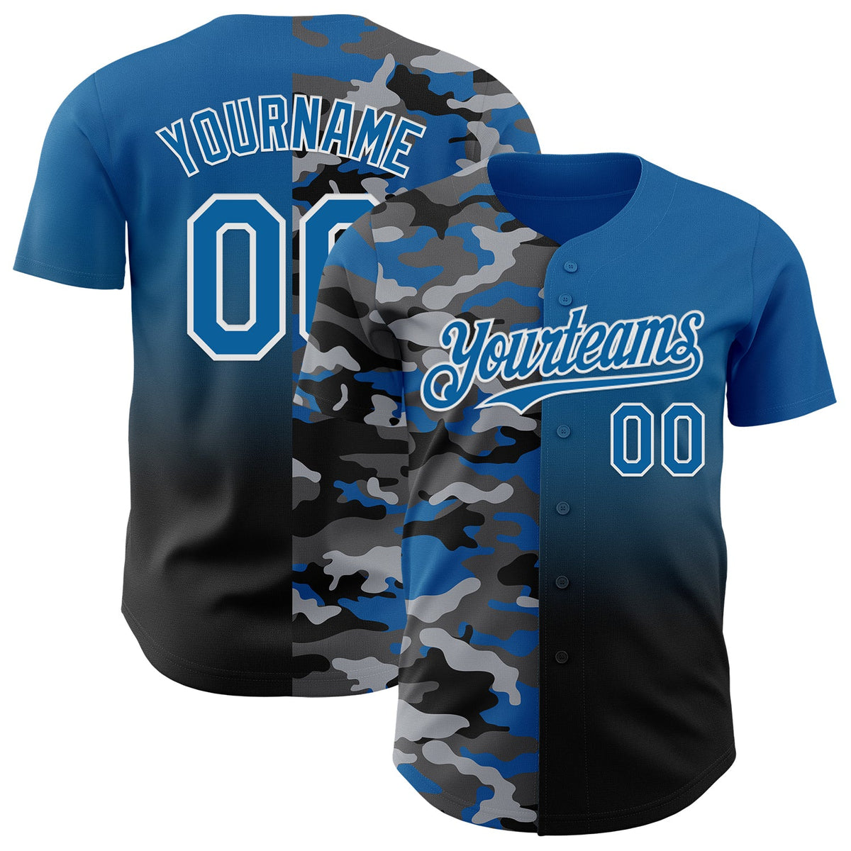 Custom Blue Black-White Half Camo Ombre Authentic Baseball Jersey