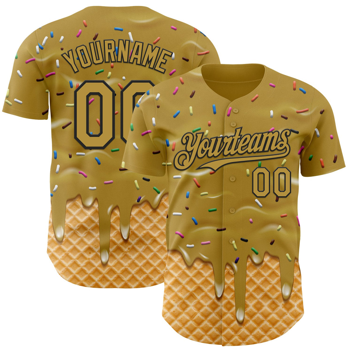 Custom Old Gold-Black Ice Cream Waffle Foodie Dessert Authentic Baseball Jersey