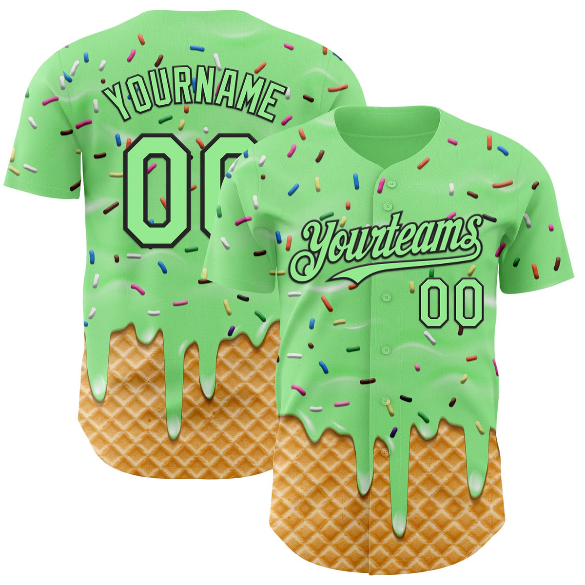Custom Pea Green-Black Ice Cream Waffle Foodie Dessert Authentic Baseball Jersey