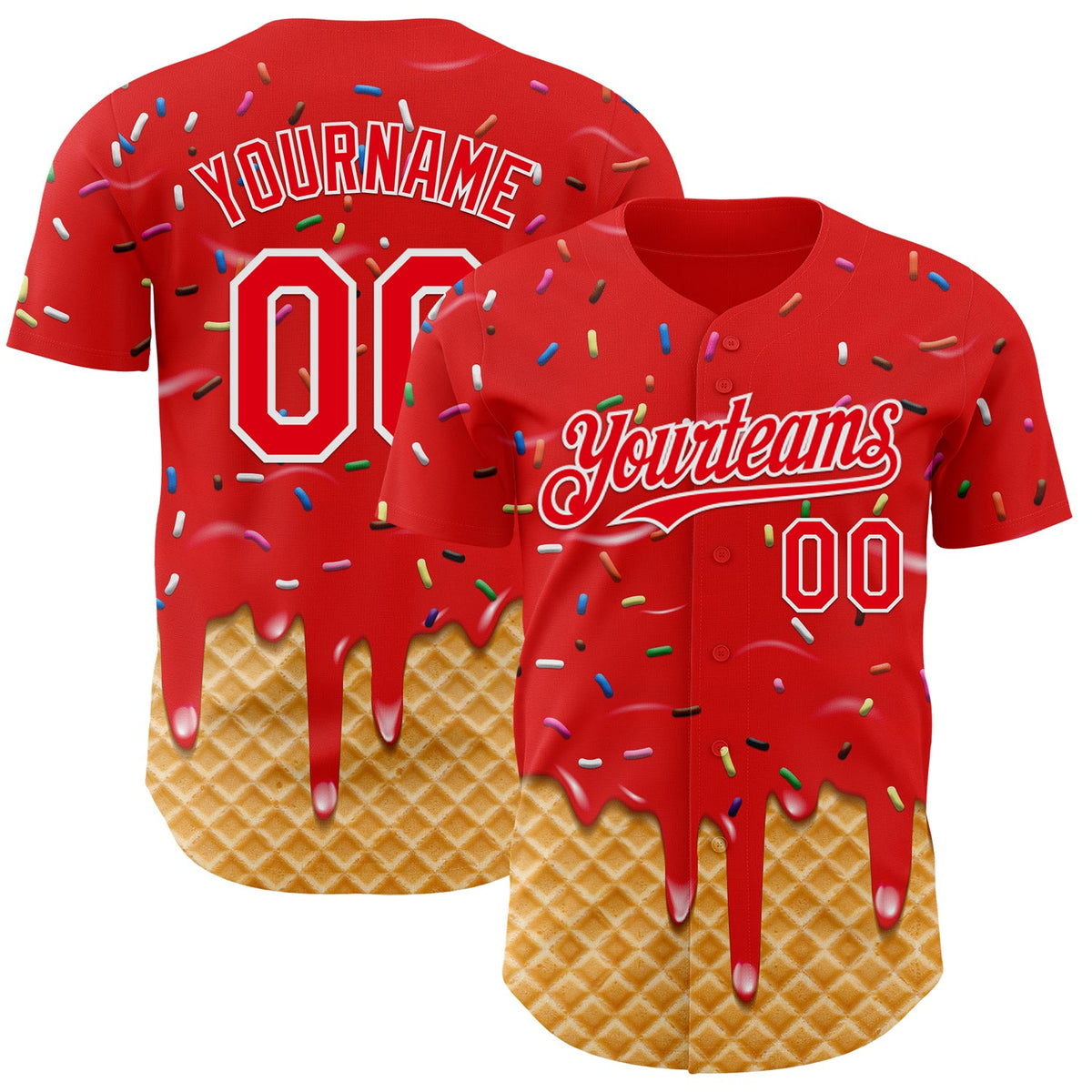 Custom Fire Red-White Ice Cream Waffle Foodie Dessert Authentic Baseball Jersey