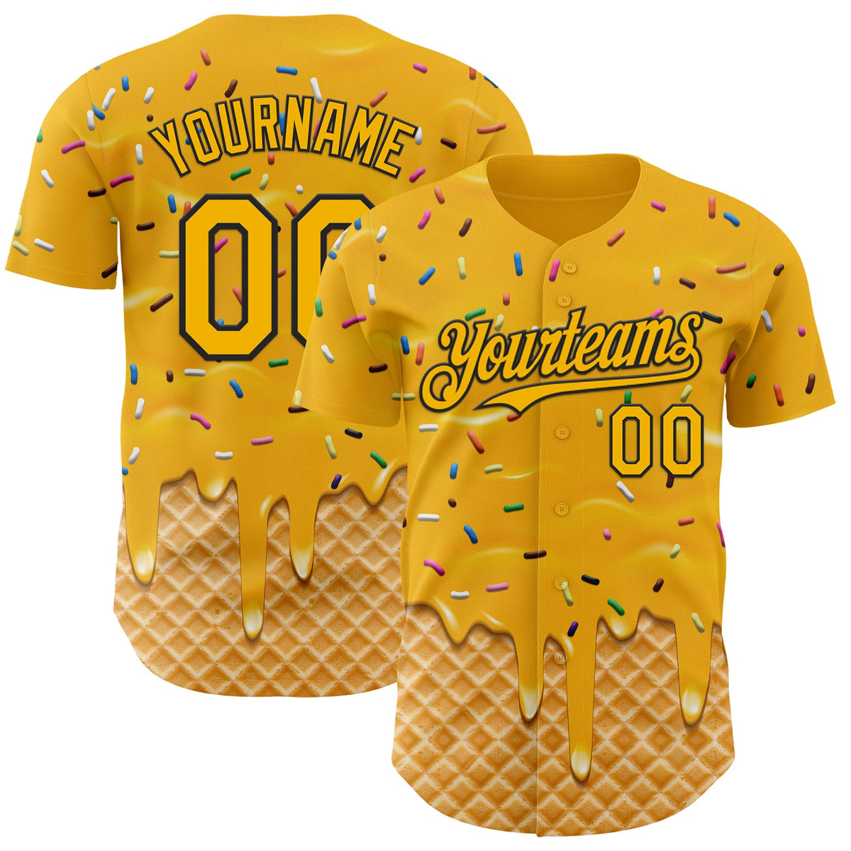 Custom Gold-Black Ice Cream Waffle Foodie Dessert Authentic Baseball Jersey