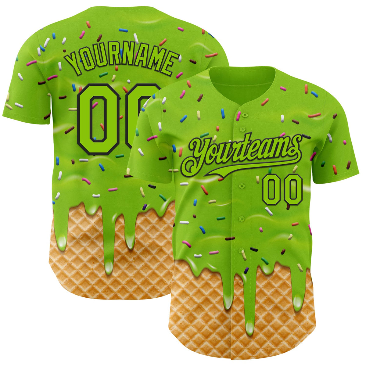 Custom Neon Green-Black Ice Cream Waffle Foodie Dessert Authentic Baseball Jersey