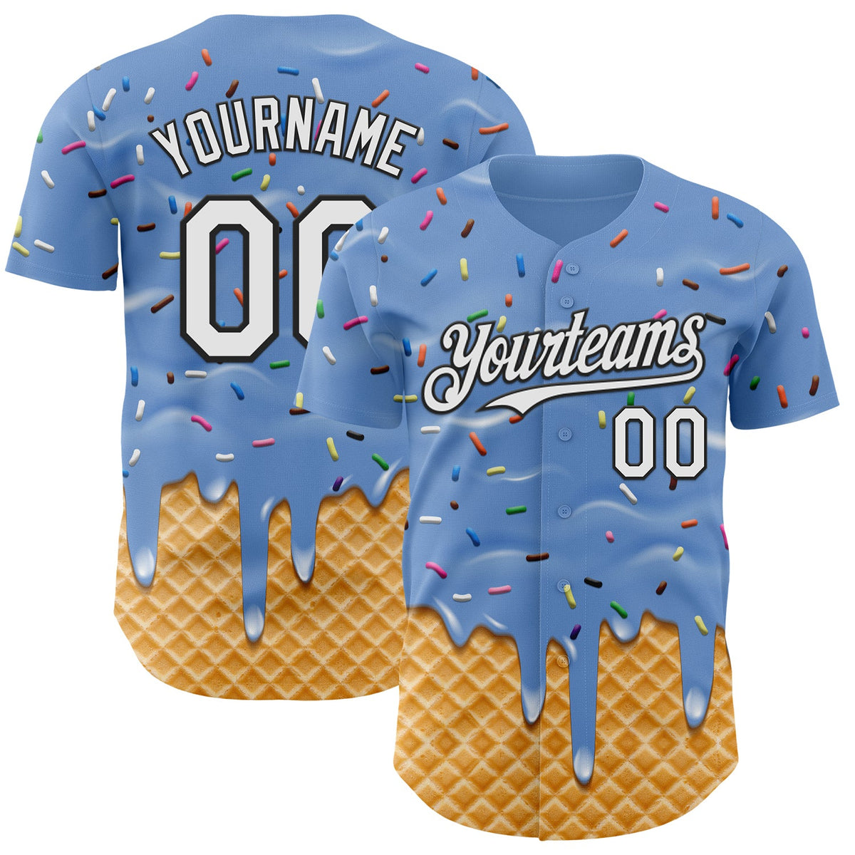 Custom Light Blue White-Black Ice Cream Waffle Foodie Dessert Authentic Baseball Jersey