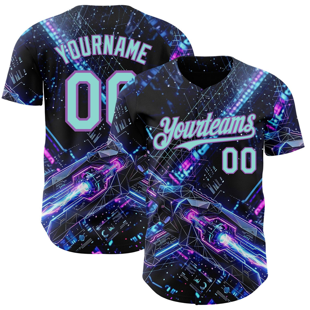 Custom Black Ice Blue-Medium Purple Futurism Cyberpunk E-sports 3D Pattern Design Authentic Baseball Jersey