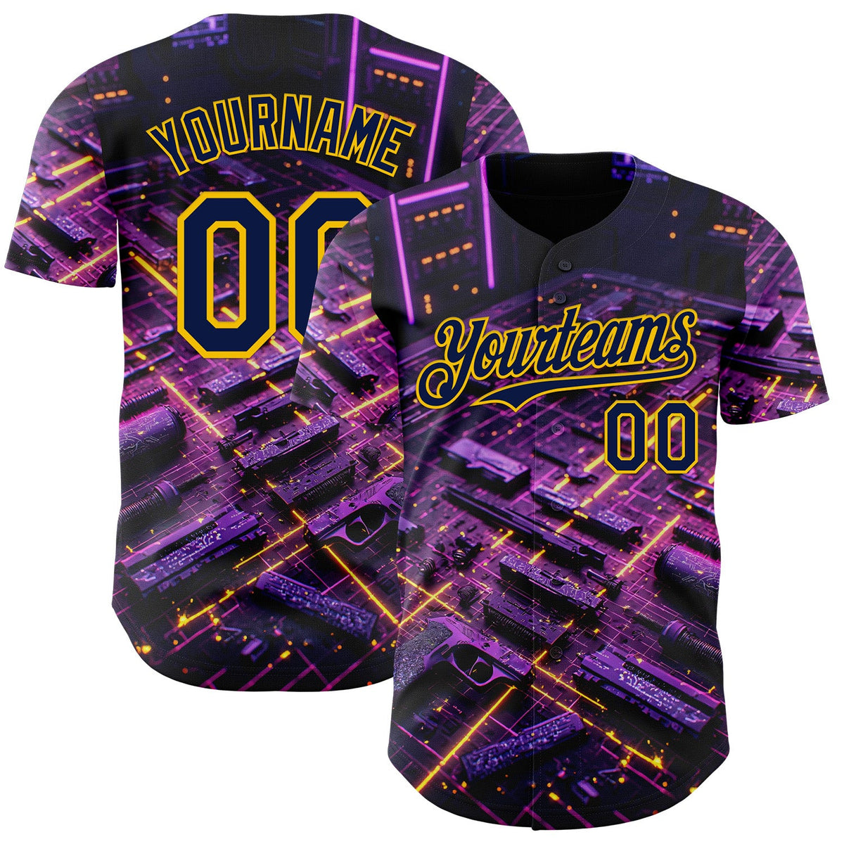 Custom Black Navy-Yellow Futurism Cyberpunk E-sports 3D Pattern Design Authentic Baseball Jersey