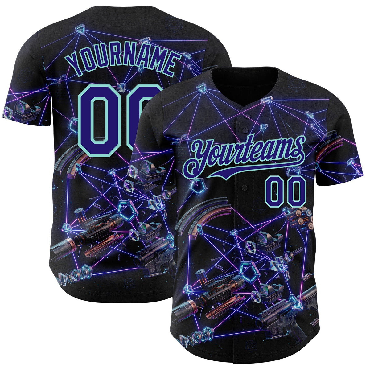 Custom Black Dark Purple-Ice Blue Futurism Tech E-sports 3D Pattern Design Authentic Baseball Jersey