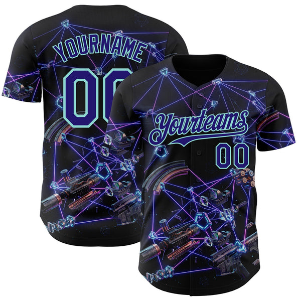 Custom Black Dark Purple-Ice Blue Futurism Tech E-sports 3D Pattern Design Authentic Baseball Jersey