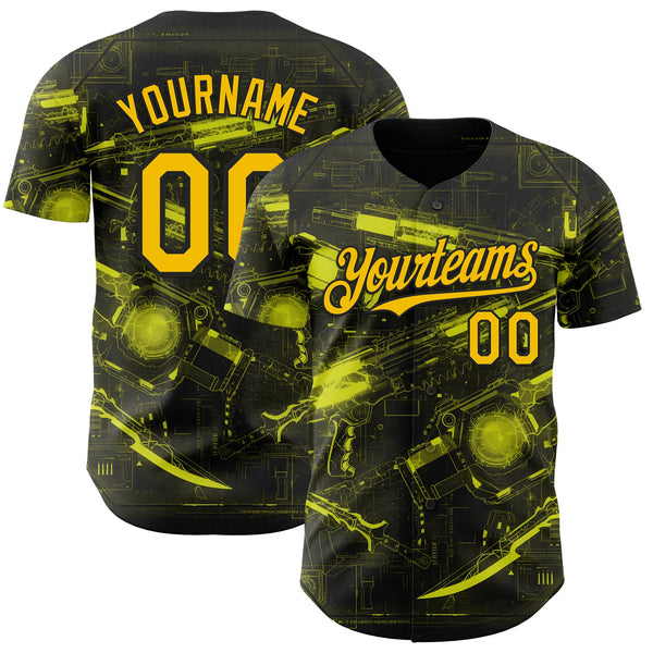 Custom Black-Yellow Futurism Cyberpunk E-sports 3D Pattern Design Authentic Baseball Jersey