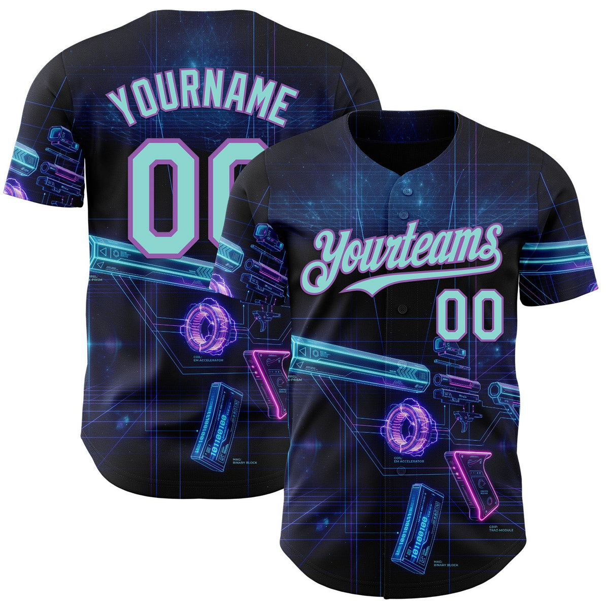 Custom Black Ice Blue-Medium Purple Futurism Cyberpunk E-sports 3D Pattern Design Authentic Baseball Jersey