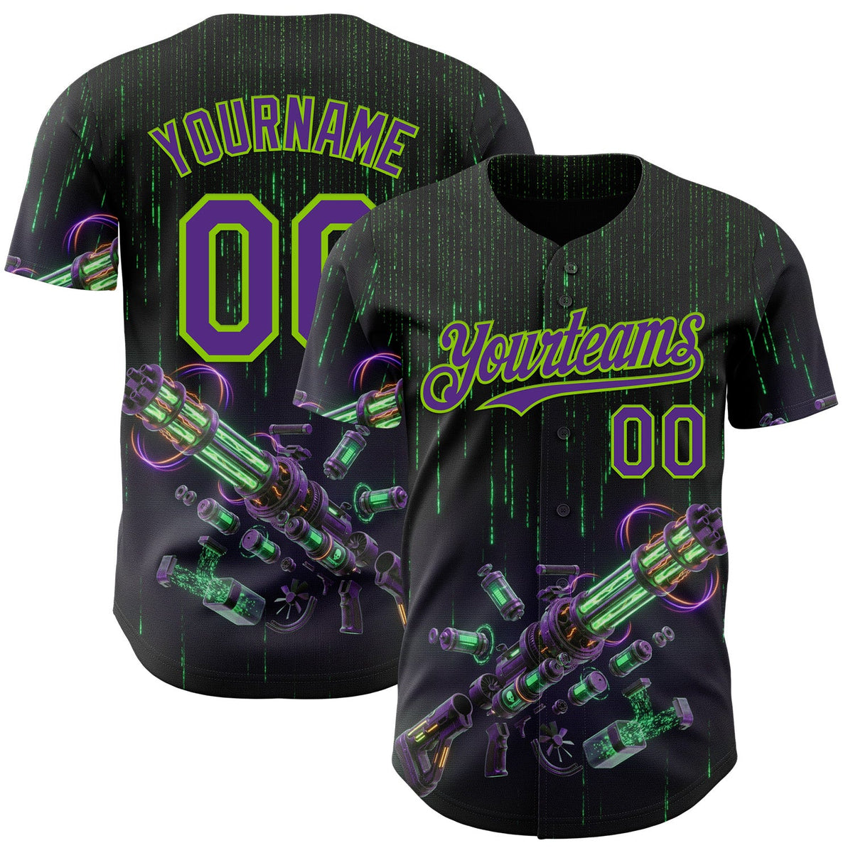 Custom Black Purple-Neon Green Futurism Cyberpunk Digital Rain 3D Pattern Design Authentic Baseball Jersey