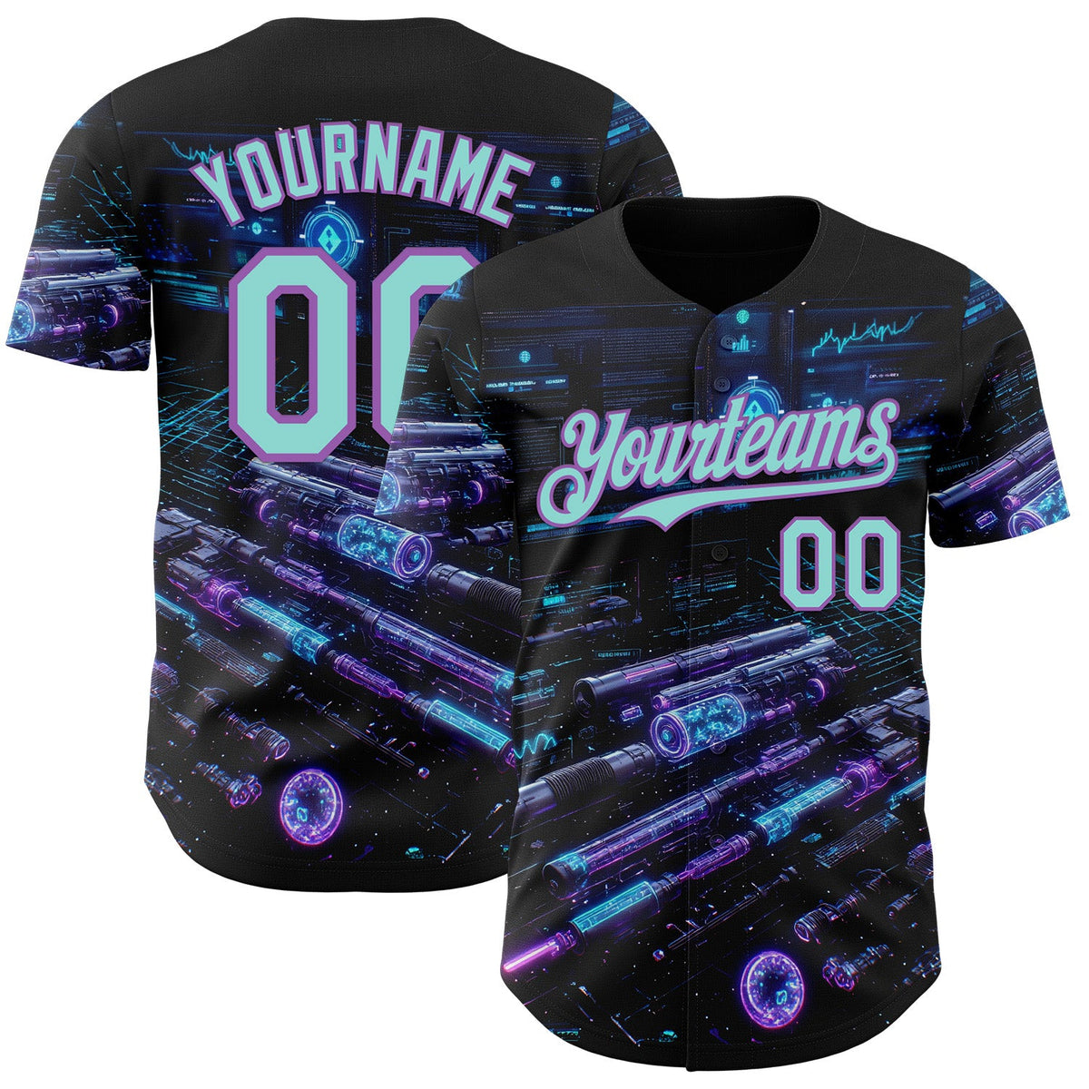 Custom Black Ice Blue-Medium Purple Futurism Cyberpunk E-sports 3D Pattern Design Authentic Baseball Jersey