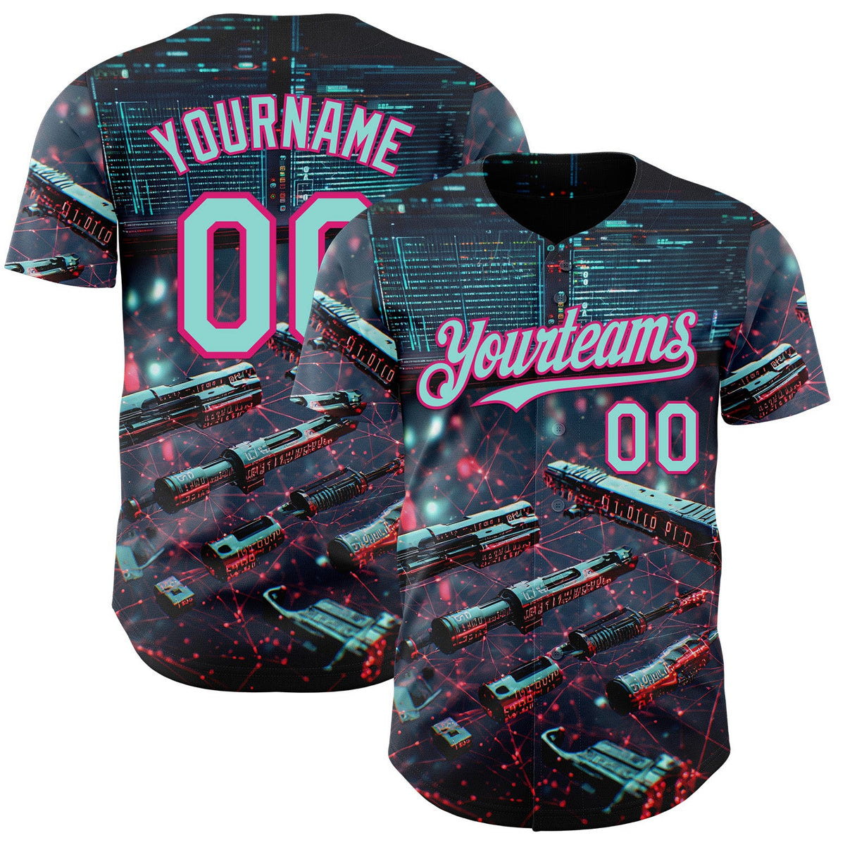Custom Black Ice Blue-Hot Pink Futurism Tech E-sports 3D Pattern Design Authentic Baseball Jersey