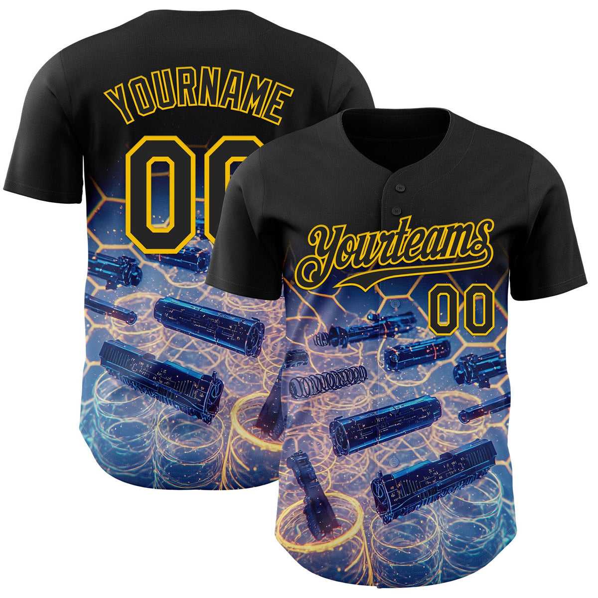 Custom Black-Yellow Futurism Tech Holographic E-sports 3D Pattern Design Authentic Baseball Jersey
