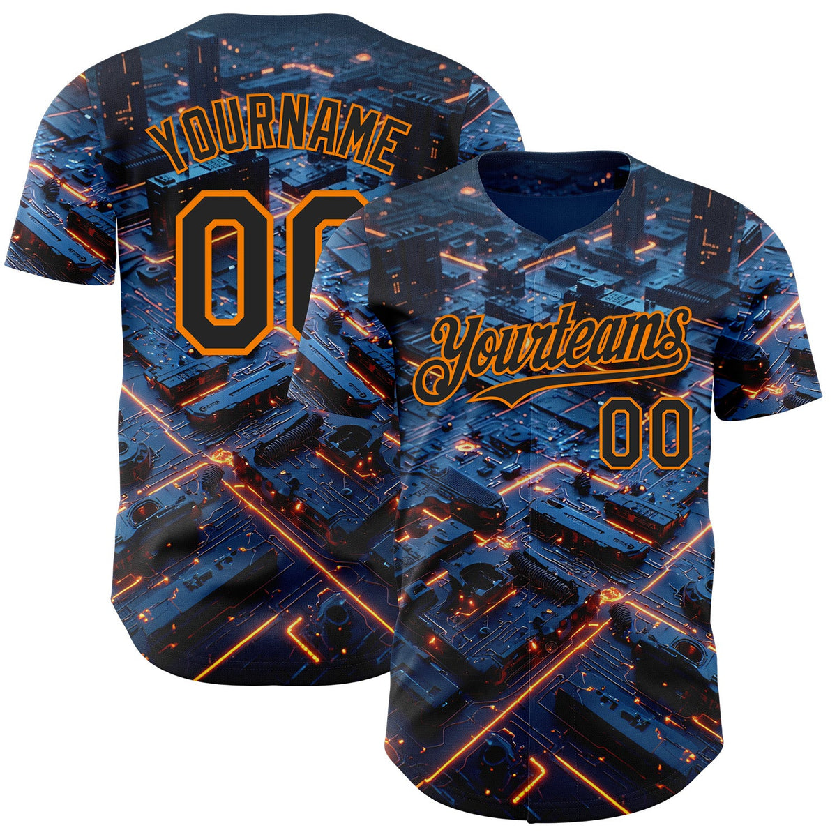 Custom Blue Black-Bay Orange Futurism Tech E-sports 3D Pattern Design Authentic Baseball Jersey