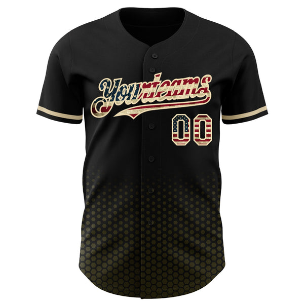 Custom Black Vintage USA Flag Olive-Cream Geometric Hexagonal Dot Gradient Authentic Baseball Jersey alternate