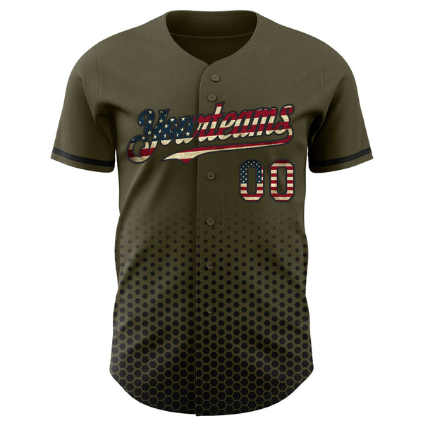 Custom Olive Vintage USA Flag-Black Geometric Hexagonal Dot Gradient Authentic Baseball Jersey alternate