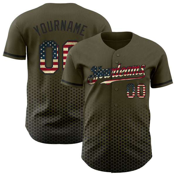 Custom Olive Vintage USA Flag-Black Geometric Hexagonal Dot Gradient Authentic Baseball Jersey