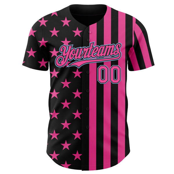 Custom Black Pink-Light Blue USA Flag Patriotic Split Stars and Stripes Authentic Baseball Jersey alternate