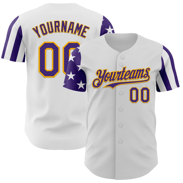 Custom White Purple-Gold Two Tone USA Flag Sleeves Stars and Stripes Authentic Baseball Jersey