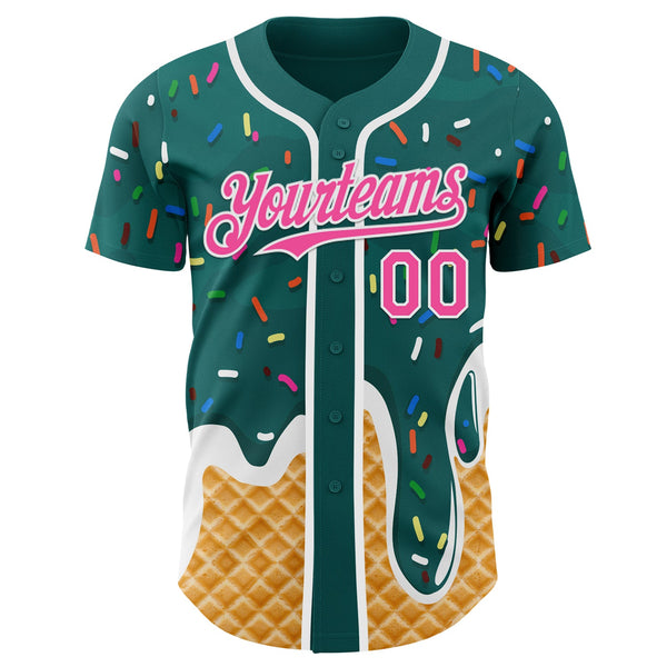 Custom Teal Pink-White Ice Cream Waffle Foodie Dessert Authentic Baseball Jersey alternate