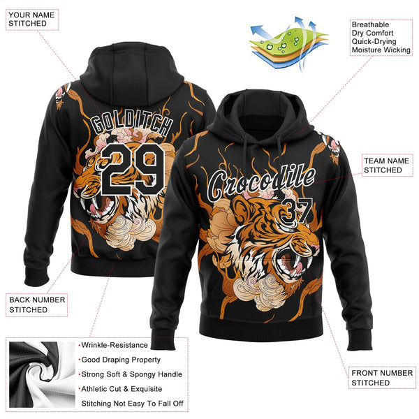 Custom Stitched Black Orange-White 3D Pattern Design Flame Tiger Sports Pullover Sweatshirt Hoodie alternate