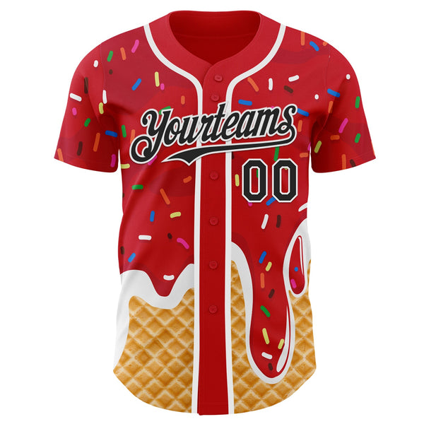 Custom Red Black-White Ice Cream Waffle Foodie Dessert Authentic Baseball Jersey alternate