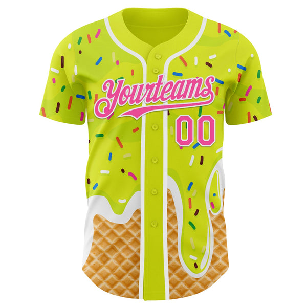 Custom Neon Yellow Pink-White Ice Cream Waffle Foodie Dessert Authentic Baseball Jersey alternate